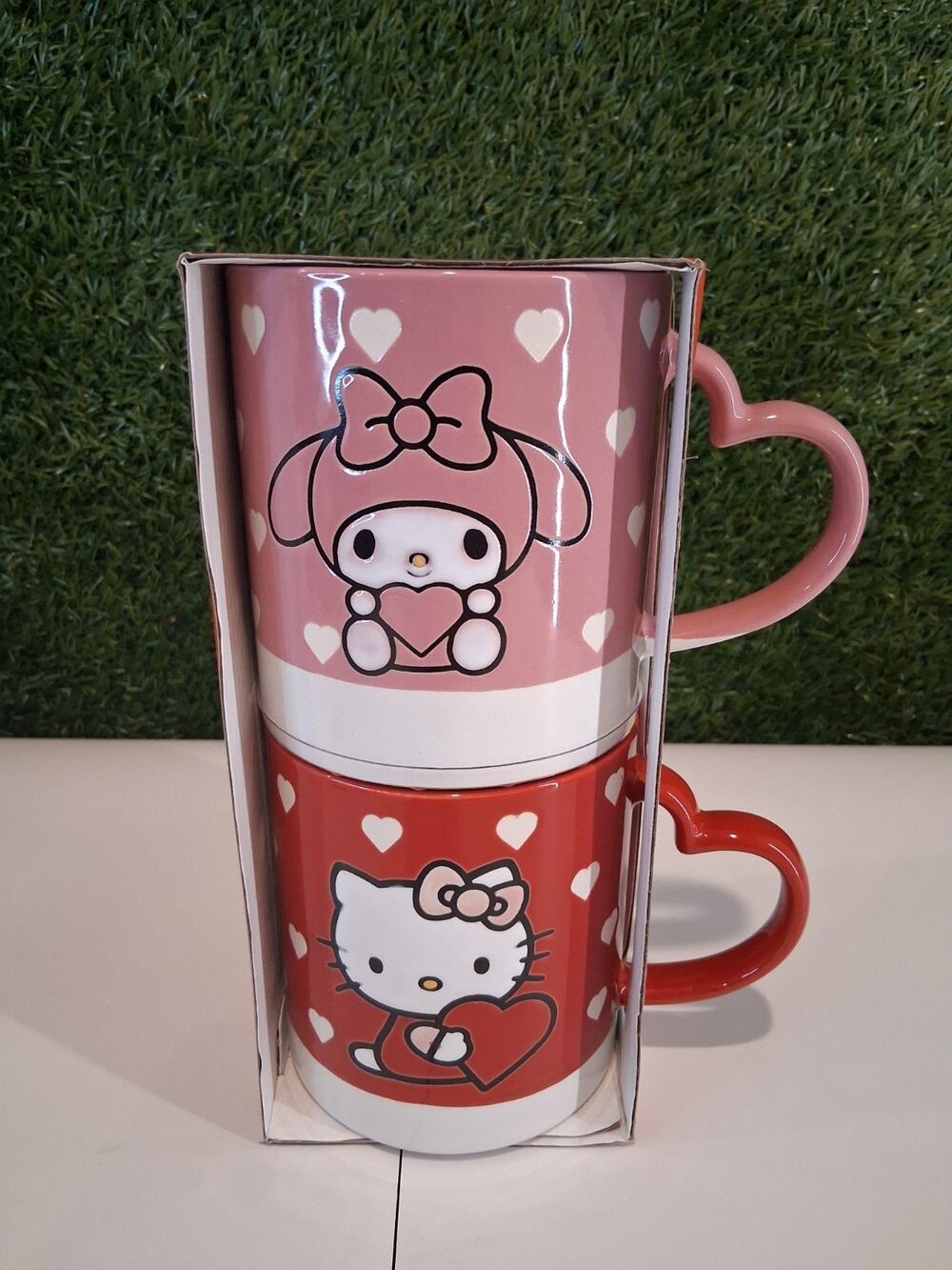 Sanrio Hello Kitty My Melody Stackable Ceramic Mug Set 2pc Heart Handles 2024...